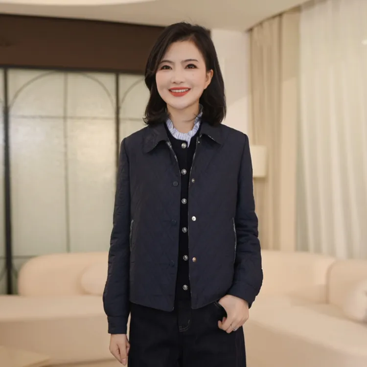 枫竺阿楠anan气质菱格夹棉保暖外套女秋冬新款翻领百搭显瘦棉服