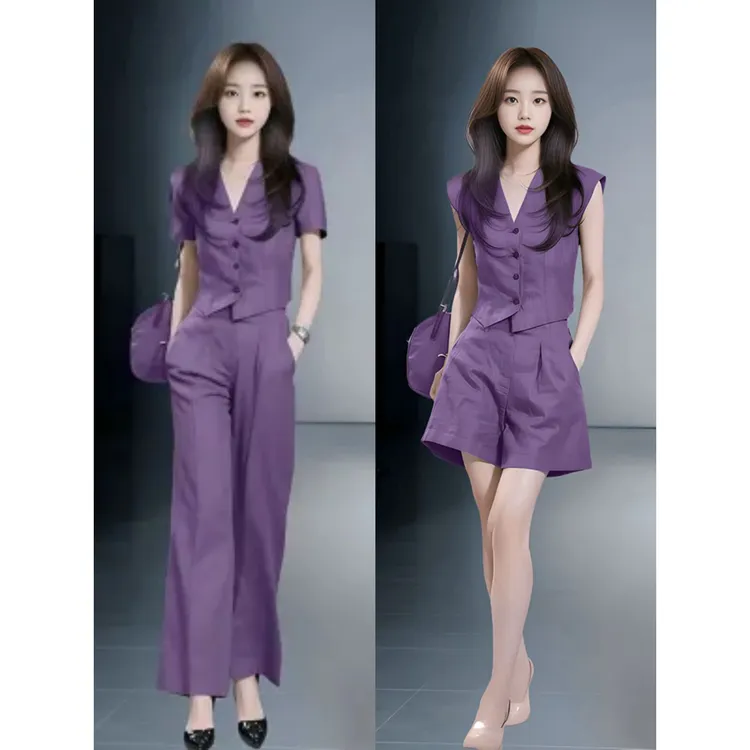 时尚套装女2025夏季新款时髦洋气质显瘦V领无袖上衣阔腿裤两件套