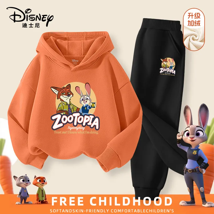 疯狂动物城迪士尼童装儿童加绒套装男童冬季连帽卫衣卫裤朱迪尼克
