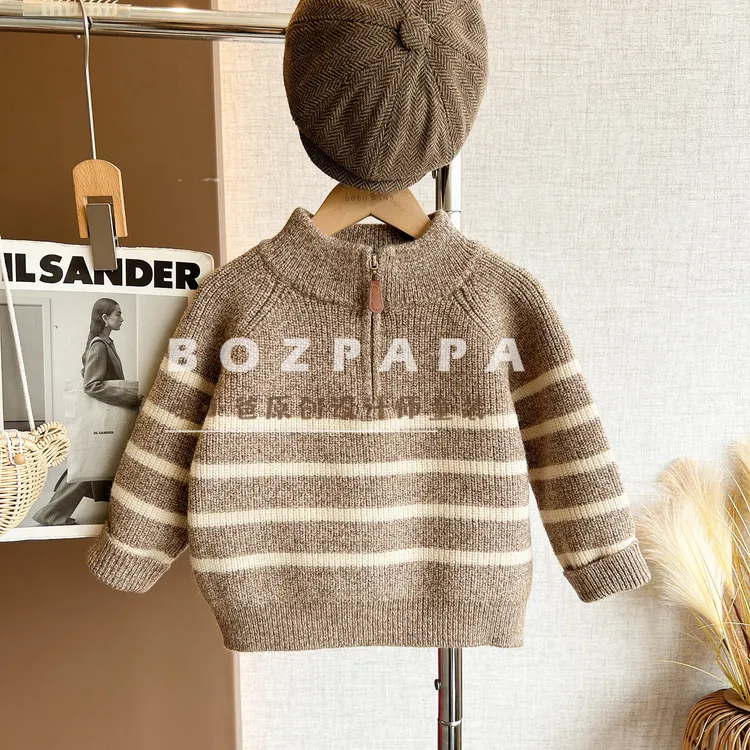 啵小爸【简素】2025冬季新款男童宝宝百搭领口拉链横条纹针织毛衣冬