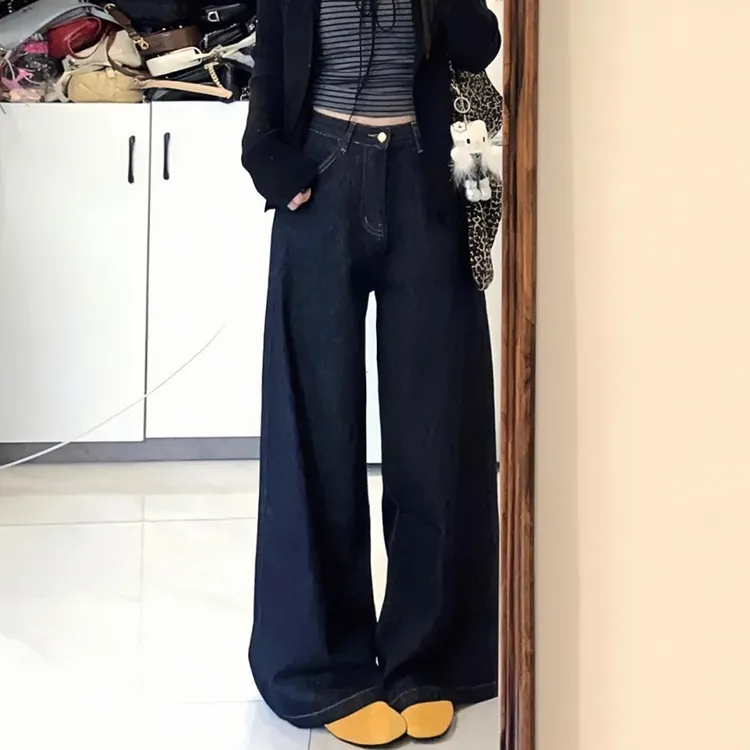 韩系慵懒松弛感裤子高腰宽松直筒牛仔裤女秋季大码梨型显瘦阔腿裤