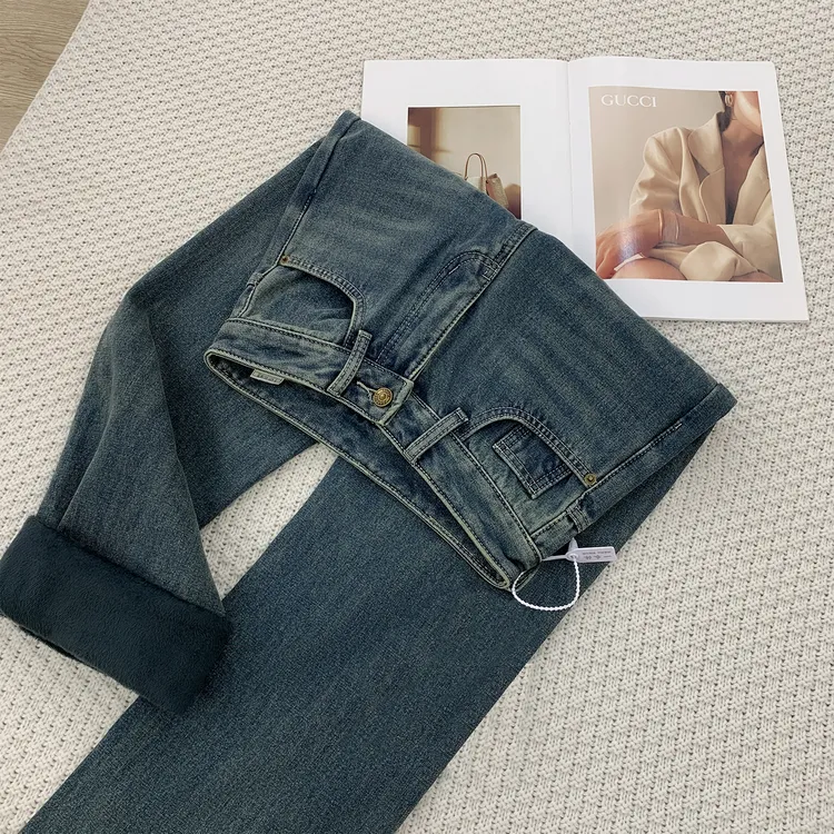 秋冬加绒梨形身材裤子直筒牛仔裤女大码胖妹妹mm显瘦窄版阔腿长裤