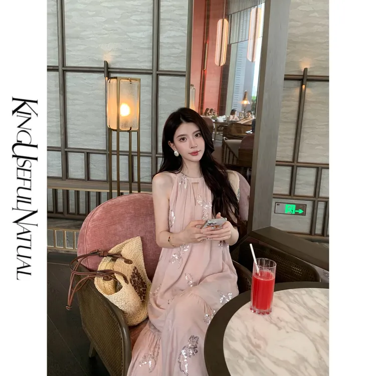 KUN【漫步威尼斯】小个子与常规版 度假风透气显瘦春夏珠片连衣裙