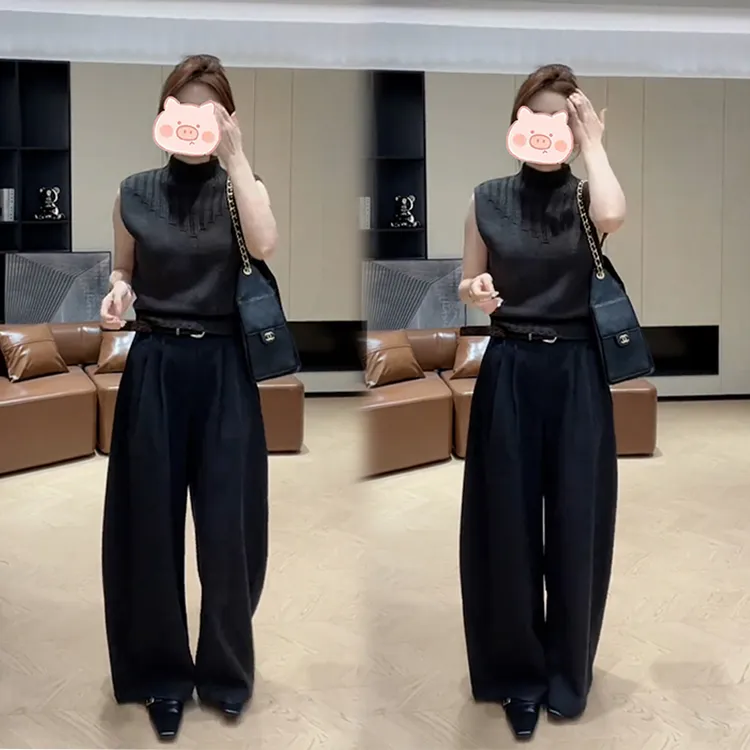 2025年韩系新款穿搭一整套时尚百搭无袖上衣搭配高腰显瘦阔腿裤女