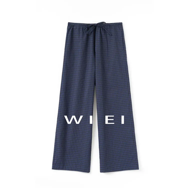 《WI EI》深海细格*100%棉_松弛感色织格纹阔腿百搭休闲裤W26102171