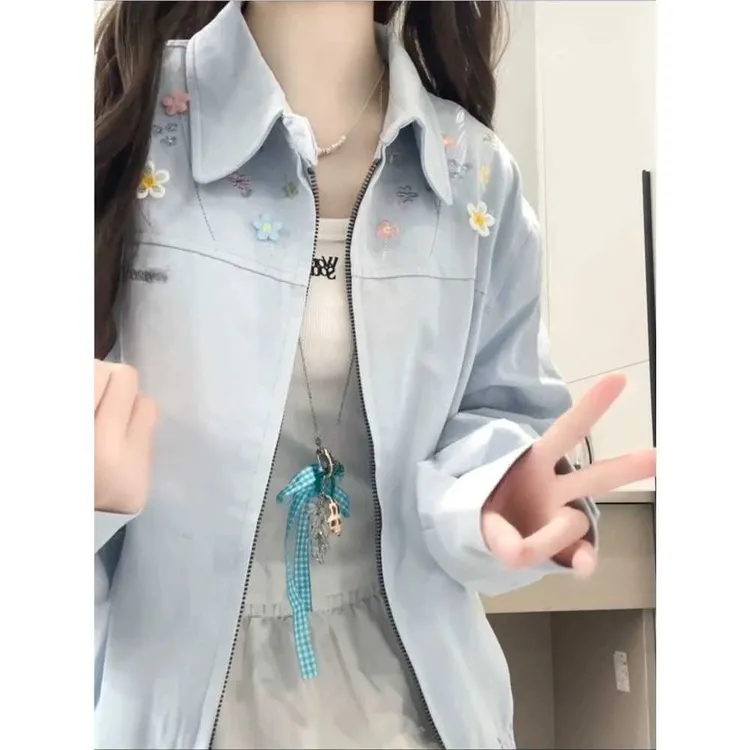 韩系超好看外套女2025春秋季新款小个子休闲百搭翻领蓝色刺绣上衣