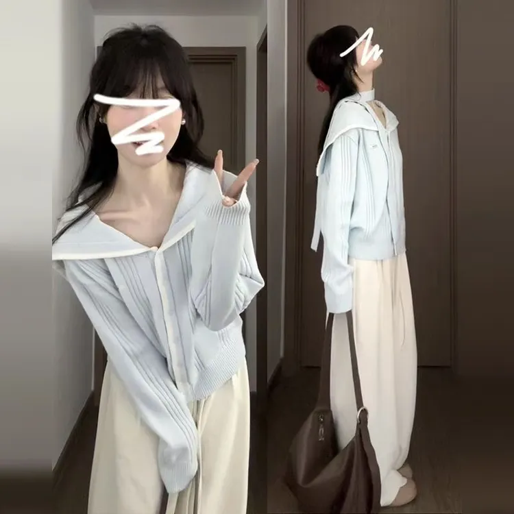 蓝色海军领针织开衫毛衣外套女秋季2025新款韩系学院慵懒宽松上衣