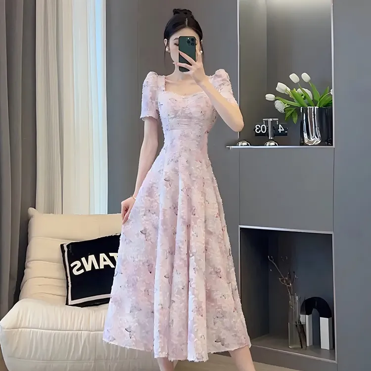 有里布粉色碎花显瘦气质时尚复古初恋法式方领连衣裙女D1625