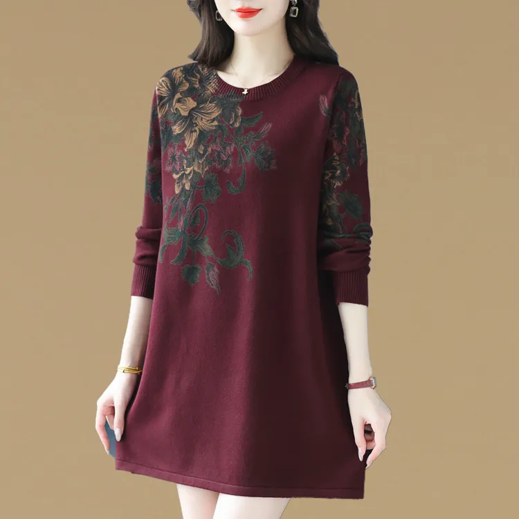 春秋新款洋气妈妈装毛衣打底衫宽松中长款印花时尚洋气针织连衣裙