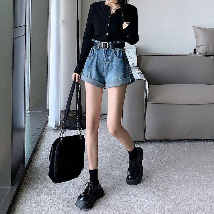 复古高腰牛仔短裤女2025夏季新款卷边设计感显高显瘦a字阔腿裤子