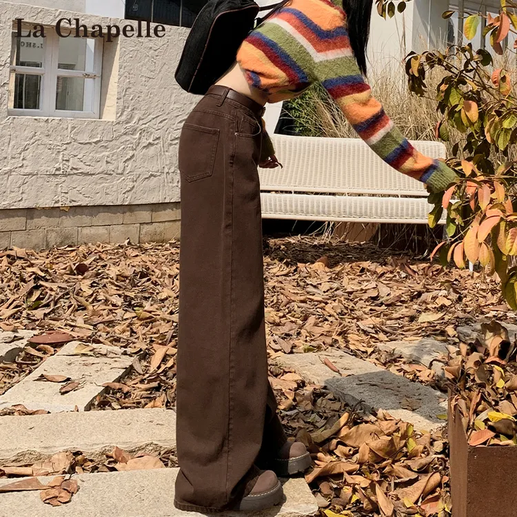 拉夏贝尔美拉德加绒牛仔裤女秋冬新款复古高腰直筒拖地咖色阔腿裤
