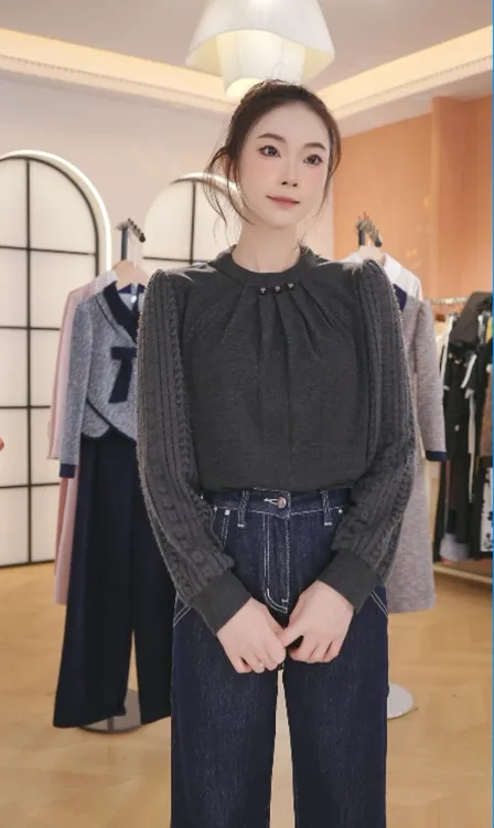 F3058秋冬厚款显瘦女士时尚洋气拼款长袖上衣女