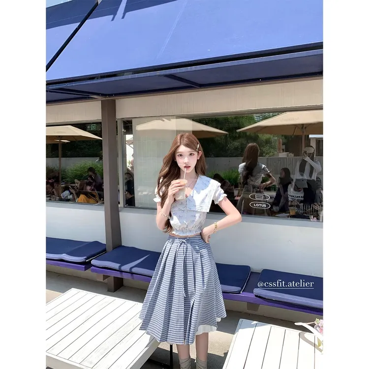 【kitten花园】法式夏季新款轻奢猫咪印花衬衫上衣+格纹拼色百褶裙