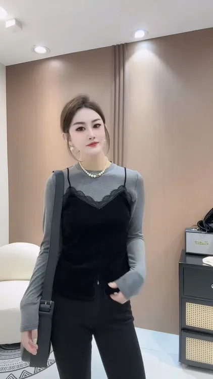 设计感丝绒吊带假两件T恤女法式圆领修身开叉上衣长袖别致打底衫