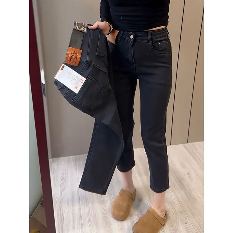 黑色时尚简约直筒烟管裤女秋款百搭高腰显瘦小个子穿搭九分牛仔裤