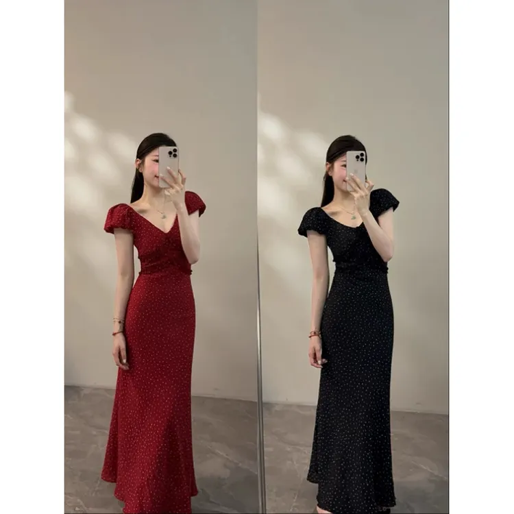 夏季新款荷叶边短袖显瘦连衣裙设计感波点长裙