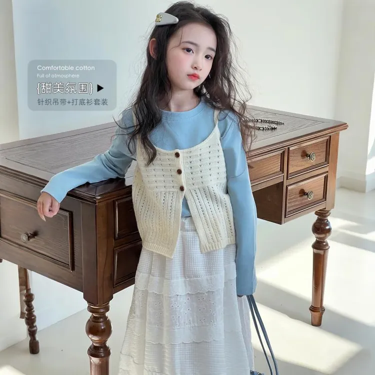 【品质童装】女童套装2025春季新款儿童韩版洋气背心马甲T恤打底衫