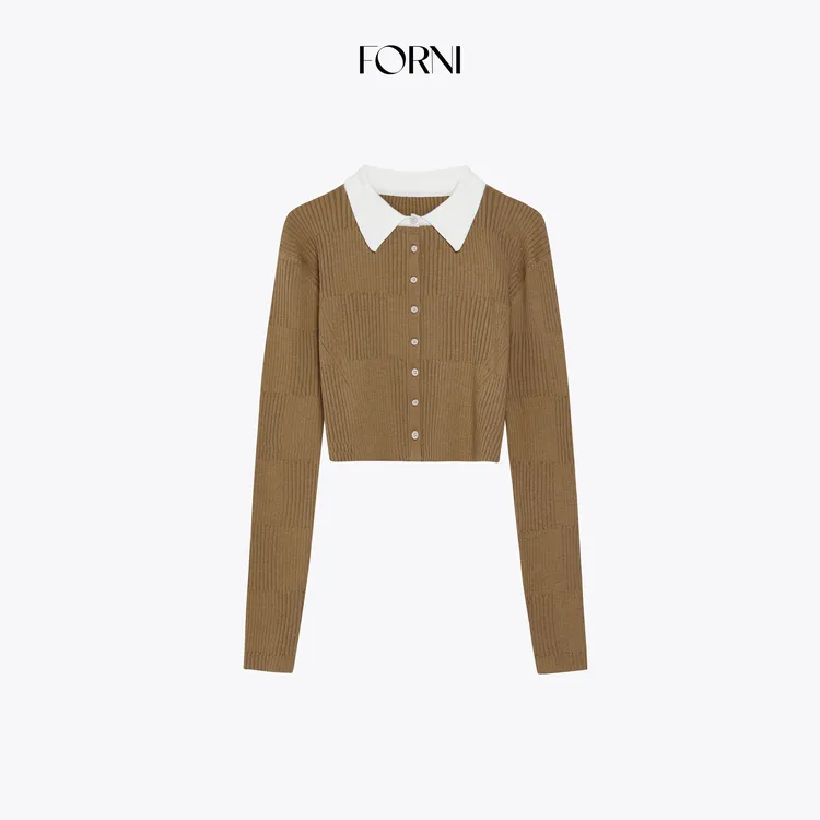 FORNI  翻领撞色拼接针织衫