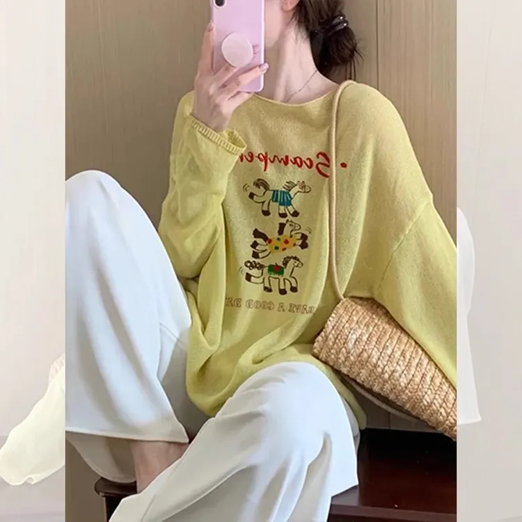 韩系黄色印花防晒冰丝长袖T恤女夏季设计感小众外搭薄款罩衫上衣