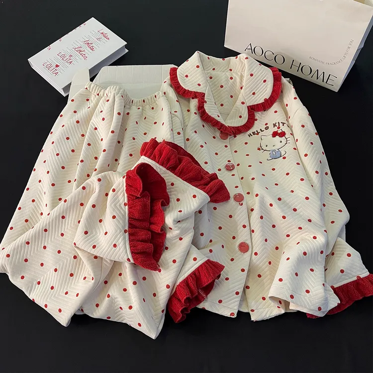 秋冬季新款睡衣女红色KT猫空气棉夹层保暖加厚宽松学生家居服套装