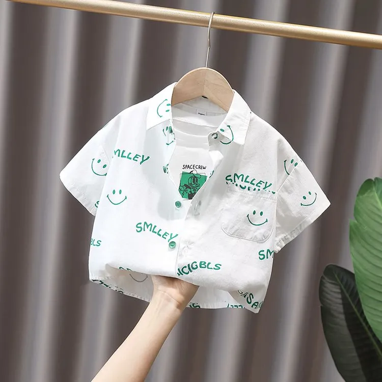 儿童夏季短袖棉衬衫新款中小男童夏装宝宝薄款印花帅气上衣潮