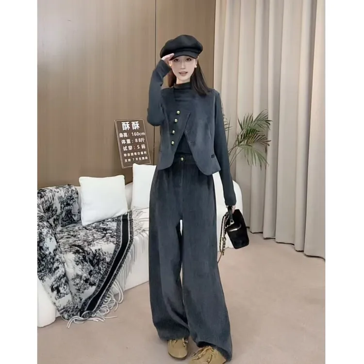 灰色法式时尚马甲女2025秋季新款设计感宽松3150休闲直筒裤三件套