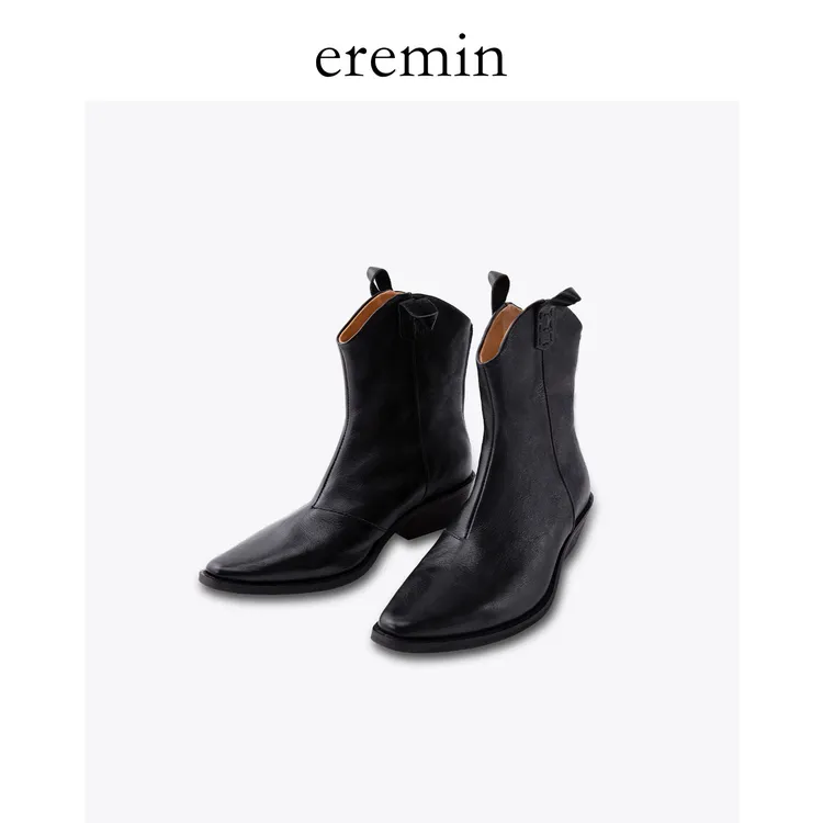 Min 手抓植鞣牛皮尖头粗跟西部靴复古百搭短靴24040