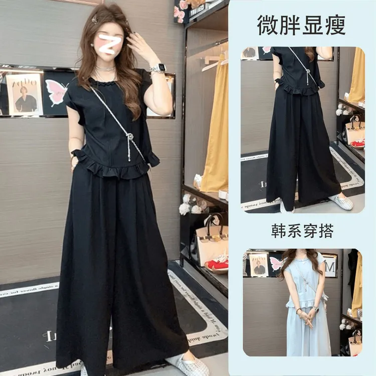 韩系大码微胖夏季新款显瘦套装2025年夏季减龄木耳边女装套装