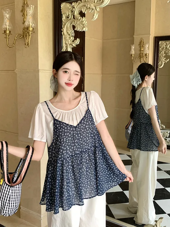 2025夏装新款胖mm大码女时尚甜美碎花假两件泡泡袖小衫上衣 22659