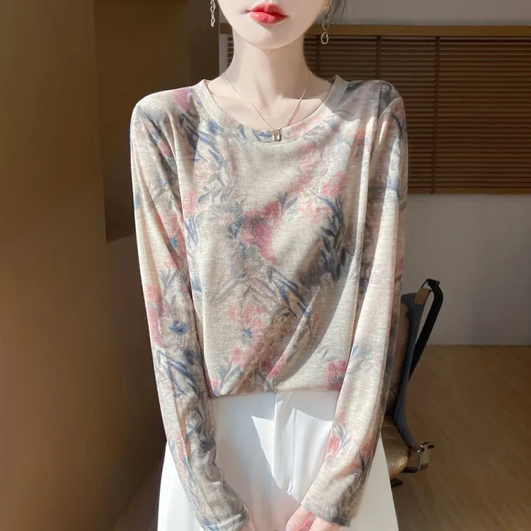 【现货宠粉】新款女印花圆领千金风慵懒风长袖T恤气质复古国风扎染