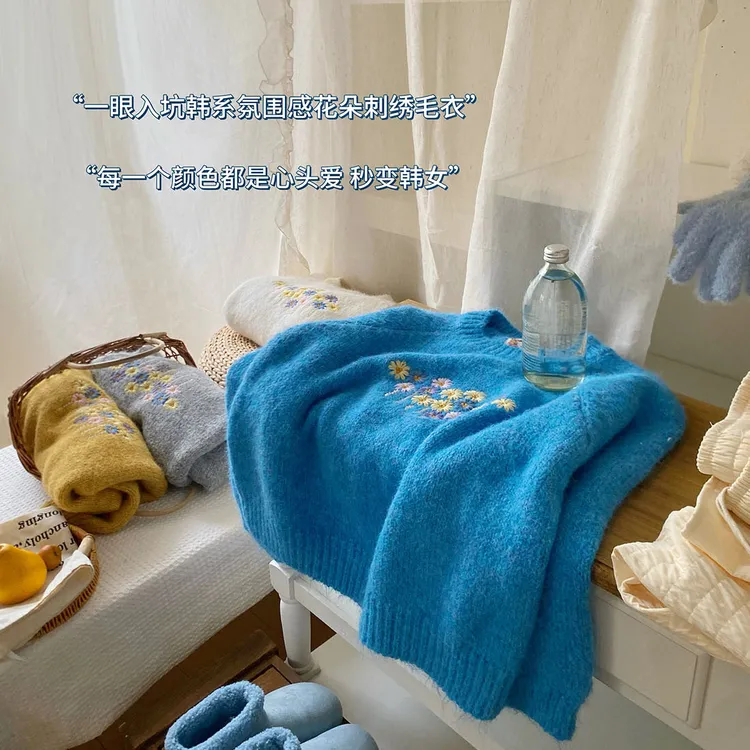 复古甜美小雏菊刺绣圆领套头毛衣女冬温柔气质宽松软糯针织衫上衣