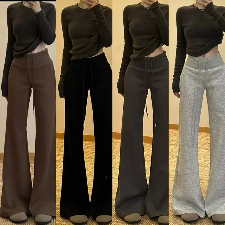 裤长110cm高个子加长美拉德咖色微喇叭卫裤女秋冬加绒宽松运动裤