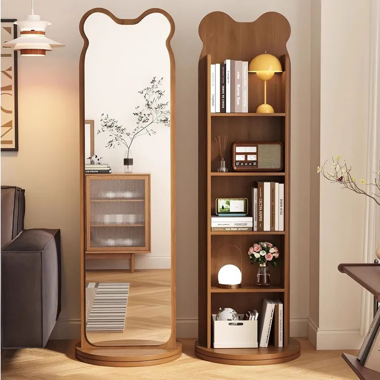 实木小熊书架全身镜可旋转置物镜落地镜家用杂志书架旋转储物镜子