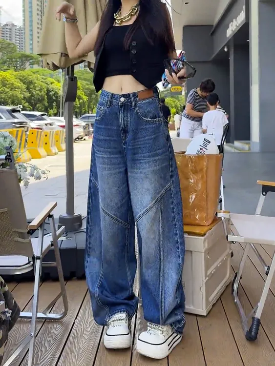 美式复古弯刀工装牛仔裤女秋季新款宽松阔腿直筒显瘦拖地镰刀裤子