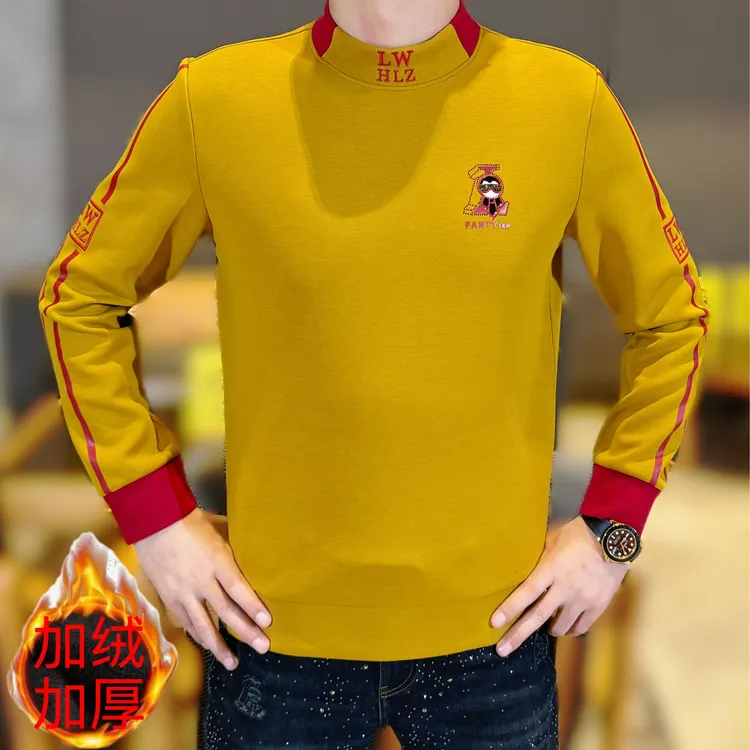 2025秋冬新款小佛爷男士时尚百搭撞色拼接小圆领长袖加绒加厚卫衣