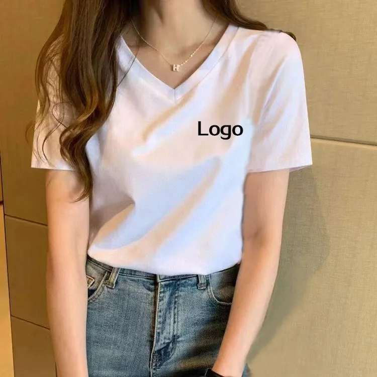 V领t恤定制Logo印字 宽松正肩绵质短袖美容师工作服舞蹈T恤文化衫