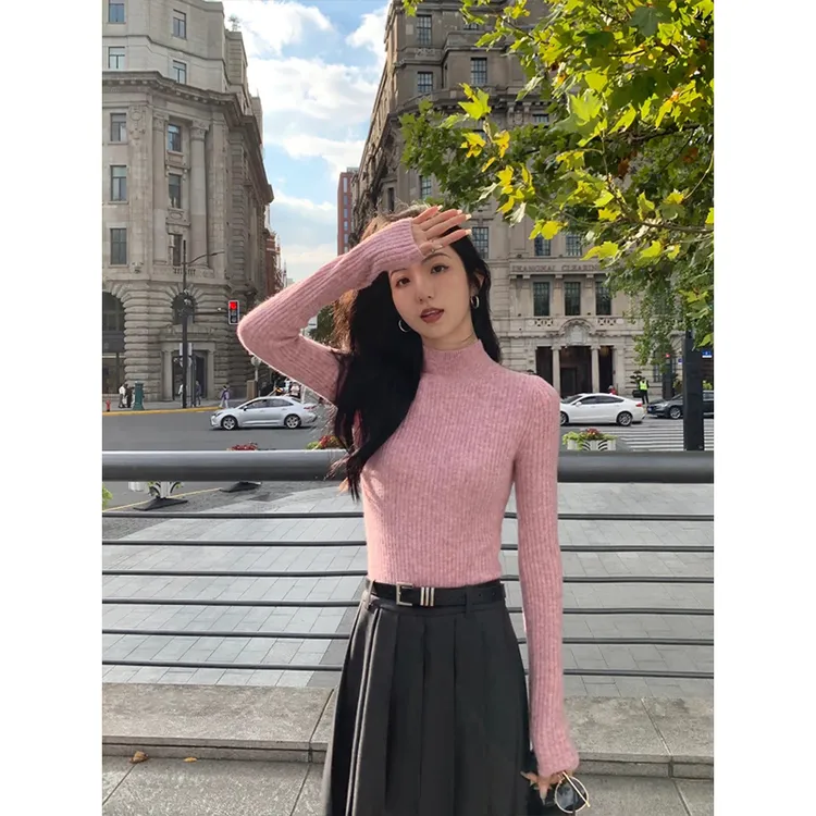 2024秋冬新款时尚气质设计感半高领打底内搭上衣高腰百褶半身裙女