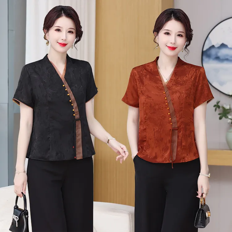 新中式妈妈夏装国风上衣服2024新款中老年女装洋气T恤母亲节