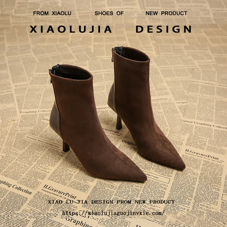 细高跟短靴女秋冬2025新款单靴法式瘦瘦靴裸靴拼接绒面女士马丁靴