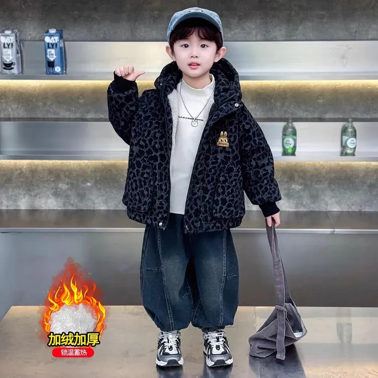 男童秋冬加绒外套2025新款酷帅儿童豹纹耐脏棉衣男宝宝加厚派客服