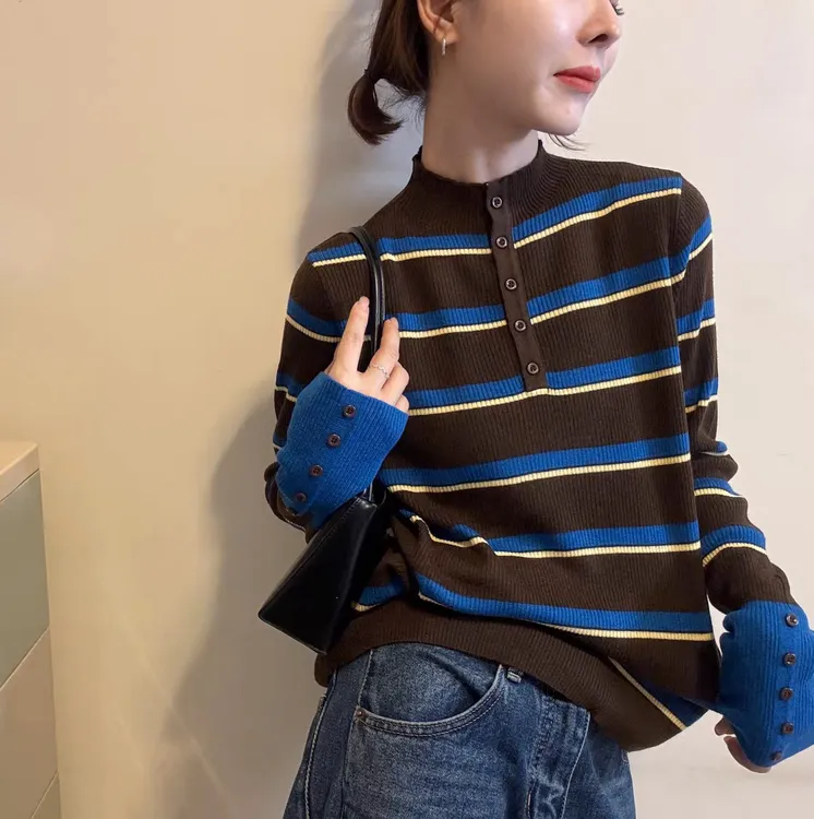 【原版】欧洲站2025冬季小立领设计长袖百搭修身撞色条纹针织衫女