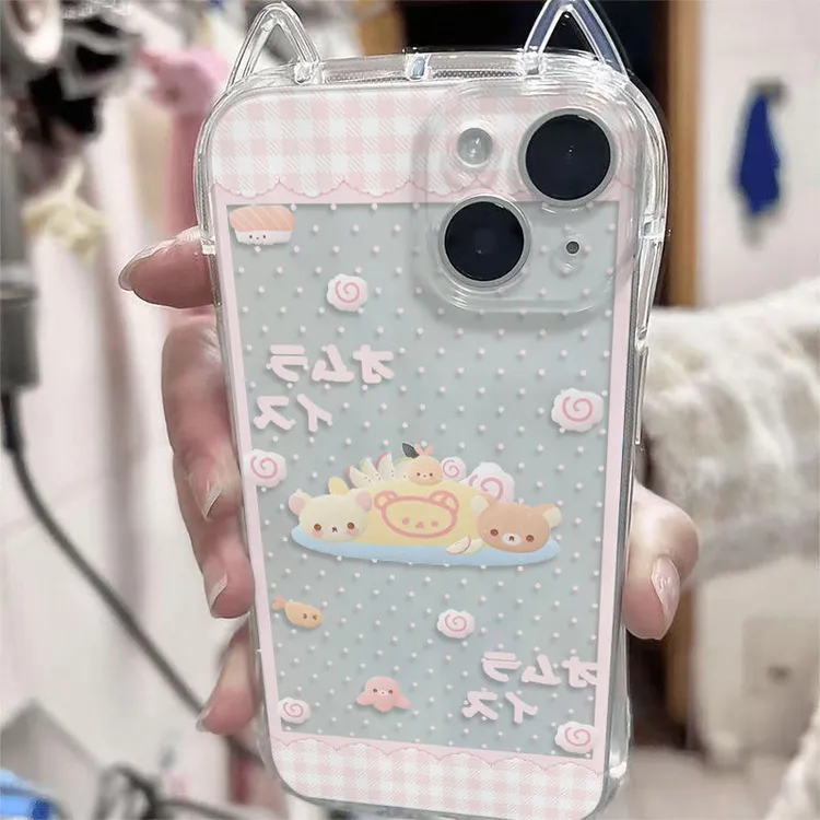 粉色波点轻松熊适用苹果16promax手机壳iPhone15小蛮腰14女13卡通