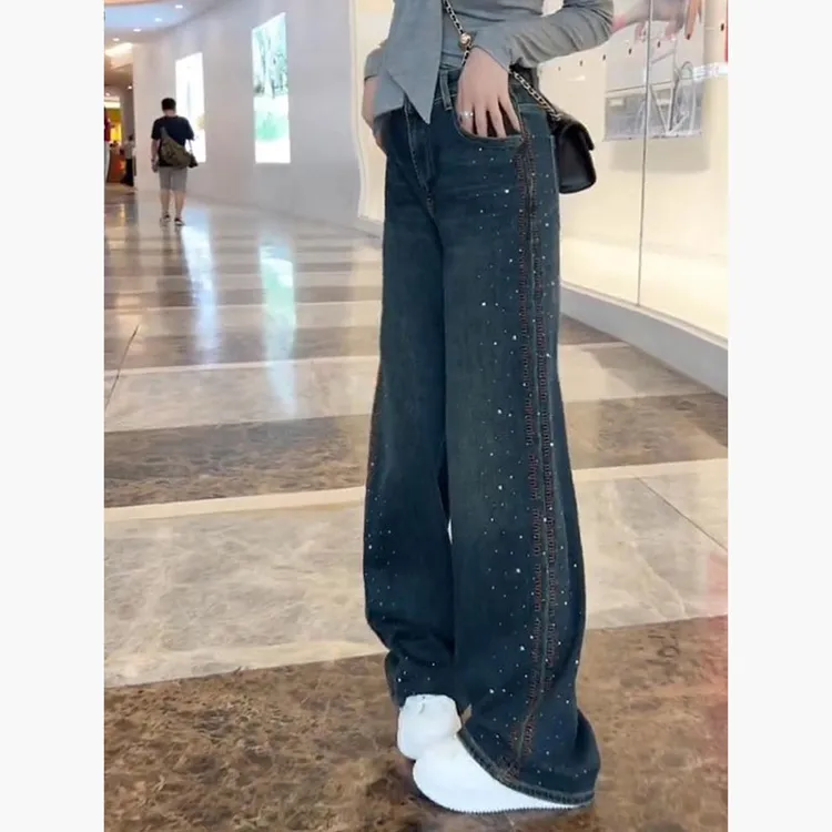 大码美式复古重工烫钻牛仔裤女春季高腰宽松气质显瘦阔腿拖地裤子