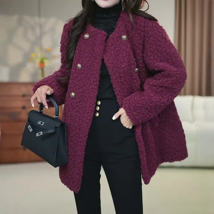 欧货保暖毛毛外套女秋冬新款2025复古时尚纯色宽松单排扣保暖大衣