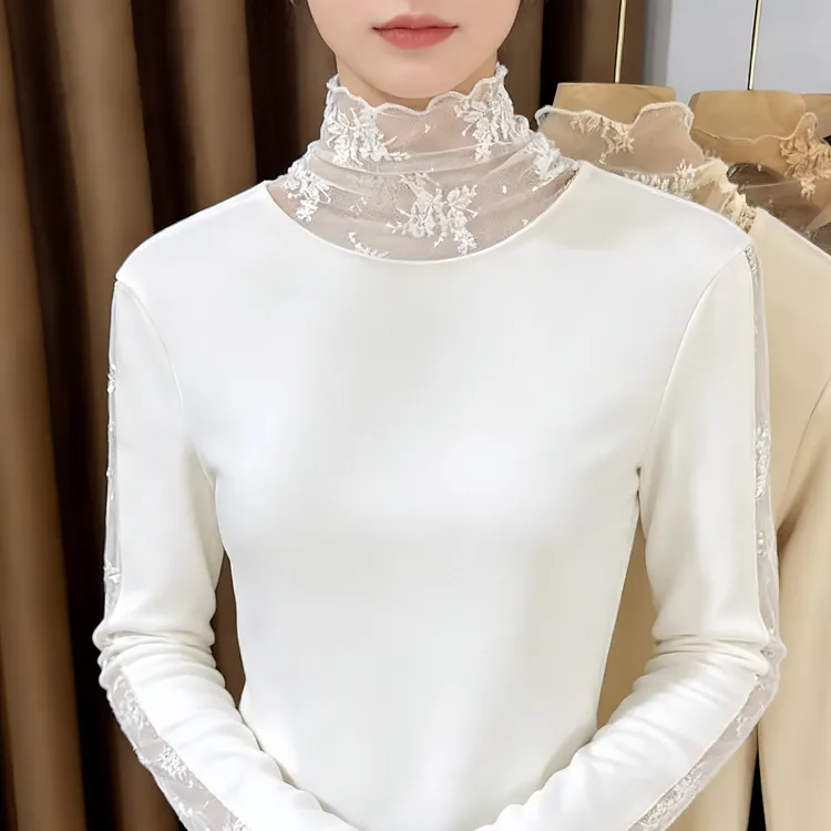 秋冬堆堆高领双面绒蕾丝打底衫女假两件拼接纱衣内搭叠穿洋气小衫商品图