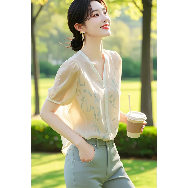 韩系chic别致漂亮配裙子的洋气小衫上衣轻熟法式小众衬衫短袖女夏