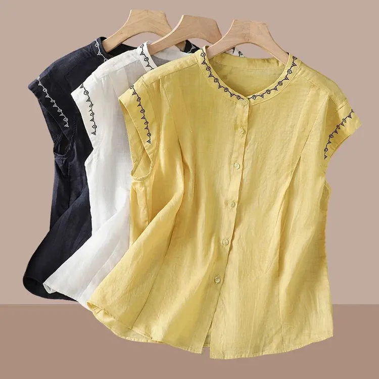 2025夏季薄款复古洋气亚麻刺绣飞飞袖衬衫女时尚百搭休闲宽松上衣