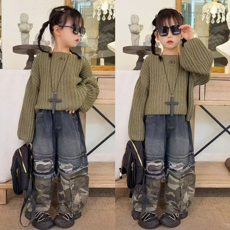 女童秋季毛衣牛仔裤套装儿童2025新款洋气时髦炸街短款针织衫中童