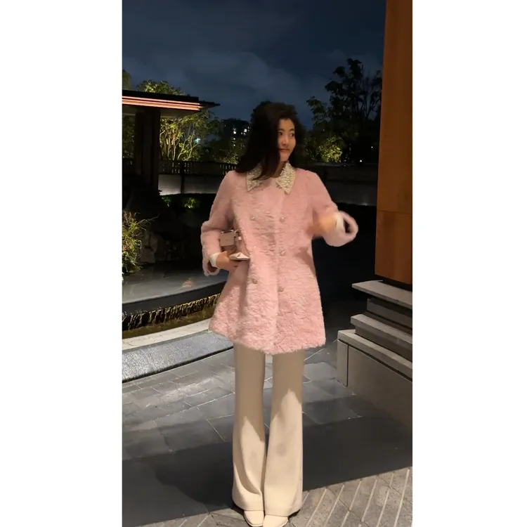 N.COU妮蔻25冬新款减龄100%绵羊毛重工钉珠翻领毛呢外套DY10385