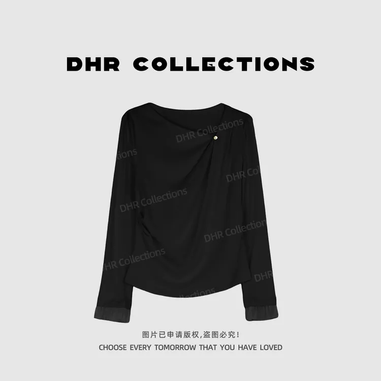 豆豆1【雾野】钉扣褶皱洋气显气质减龄长袖T恤宽松时尚上衣-25QT018